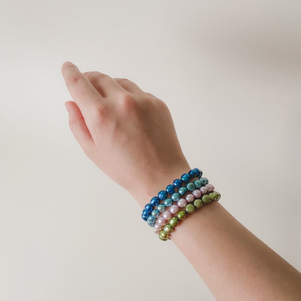 Natural Freshwater Pearl Dyed Blue Green Purple Set of Four Stretch Bracelets - Picture 3 of 10